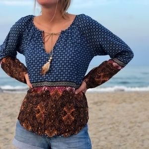 NWT Boho Paisley Feather Tassel Tie Tunic Top